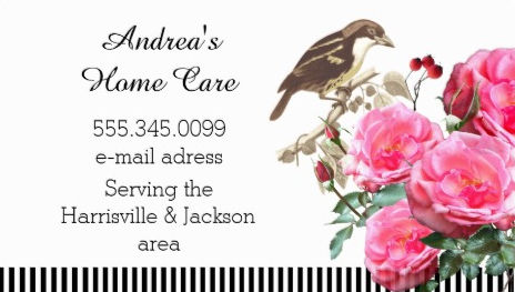 Pretty Little Bird Pink Rose Floral and Stripes Home Care Business Cards