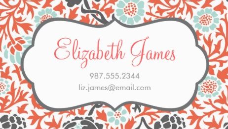 Stylish Gray Mint and Coral Retro Floral Damask Business Cards