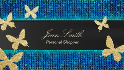 Chic Gold Butterflies Teal and Blue Personal Shopper Business Cards