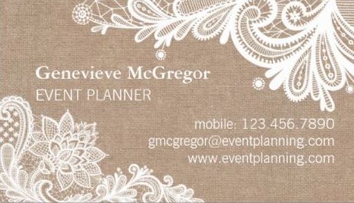 Vintage Burlap and Frilly White Lace Event Planner Business Cards