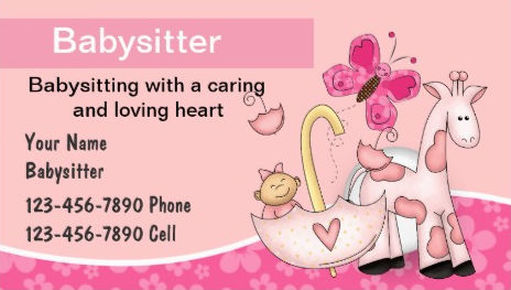 Sweet Pink Hearts Giraffe and Umbrella Babysitting Business Cards