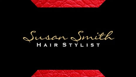 Modern Red Leather Pattern Accent On Black Hair Stylist Business Cards