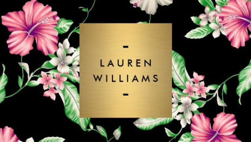 Elegant Pink and Black Floral Pattern With Gold Name Logo Business Cards