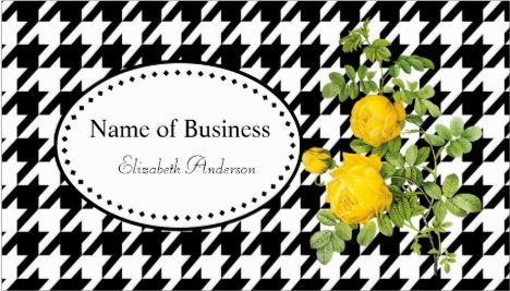Bold Black and White Houndstooth With Yellow Floral Roses Business Cards 