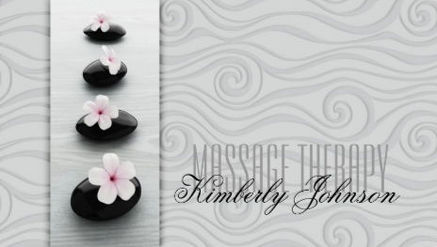 Black Stones With Pink Flowers Gray Swirls Massage Therapy Business Cards