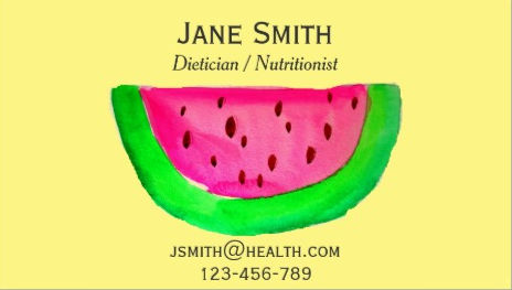 Cute Pink Watermelon on Yellow Dietician and Nutritionist Business Cards
