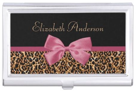 Gold Leopard Fur Chic Sangria Pink Bow With Name Business Card Case