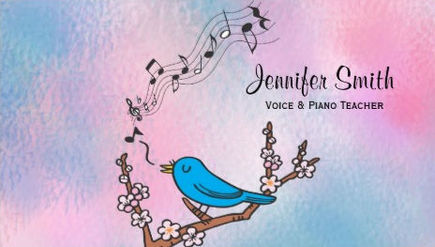 Cute Singing Blue Bird Musical Notes Voice and Piano Teacher Business Cards