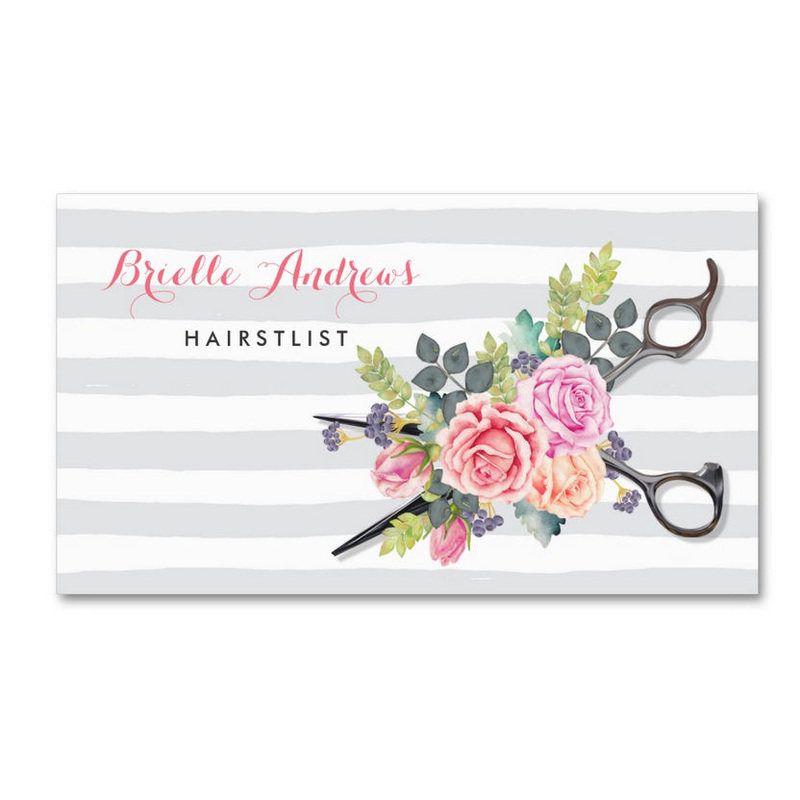 Chic Silver Scissors Hairstylist Stripes and Roses Business Card