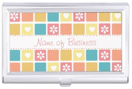 Girly Heart Square Pattern Retro Daisy Flowers Business Card Case