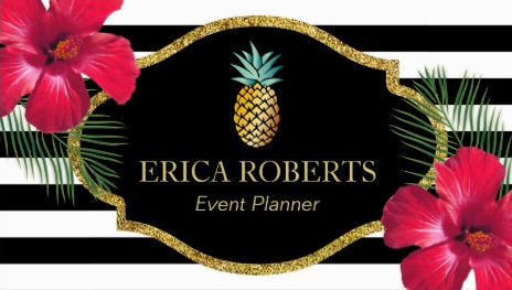 Bold Event Planner Hawaiian Pineapple Modern Stripes Red Floral Business Cards
