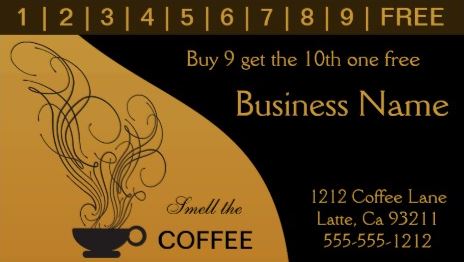 Black and Gold Steaming Coffee Cup Coffee Shop Punch Card Business Cards