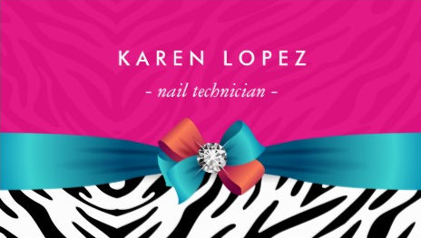 Girly Nail Technician Trendy Pink Zebra Print With Teal Diamond Bow Business Cards