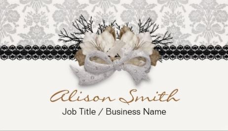 Delicate Winter Crystal Glitz Bow With White Damask Black Lace Business Cards