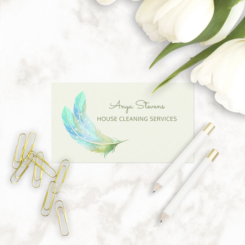Boho Green Feathers House Cleaning Services Business Cards