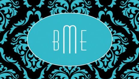 Modern Turquoise and Black Damask Monogram Business Cards