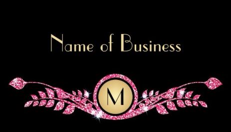 Elegant Pink and Black Glitter Floral Monogram Business Cards