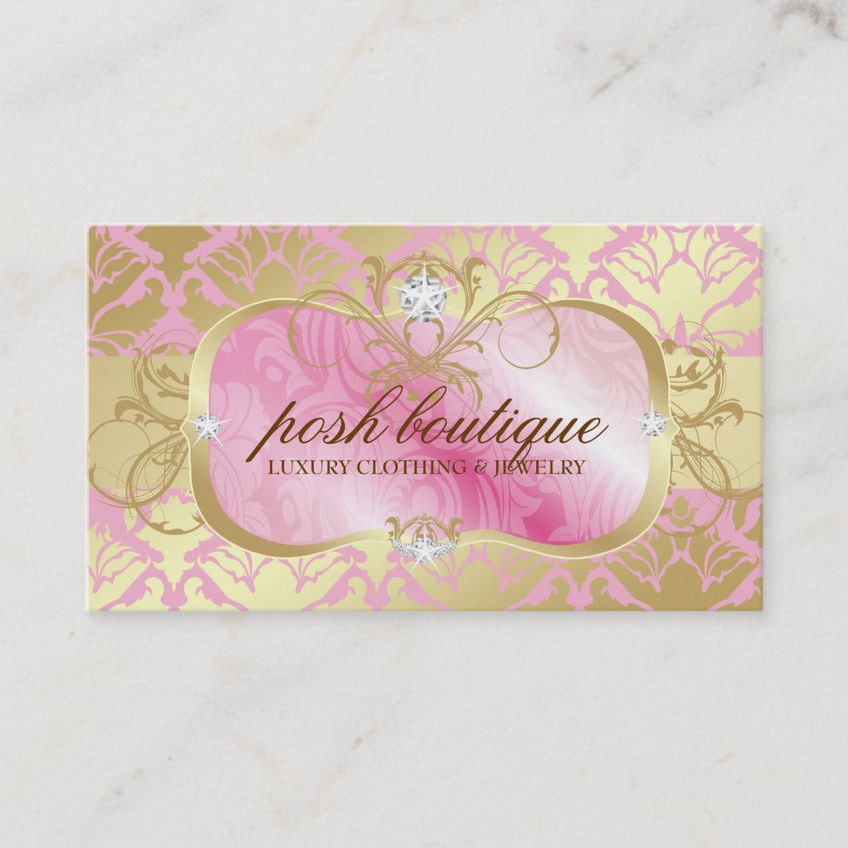 Lavish Pink Platter and Golden Damask Shimmer Luxury Boutique Business Cards