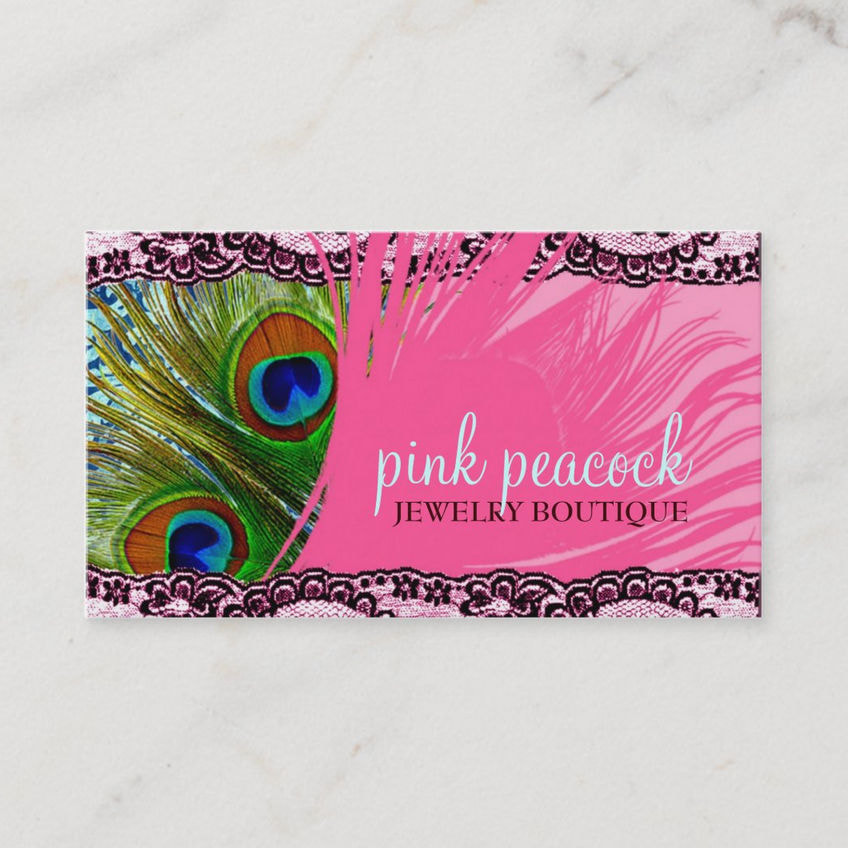 Girly Pink Lace Peacock Feather Jewelry Boutique Business Cards