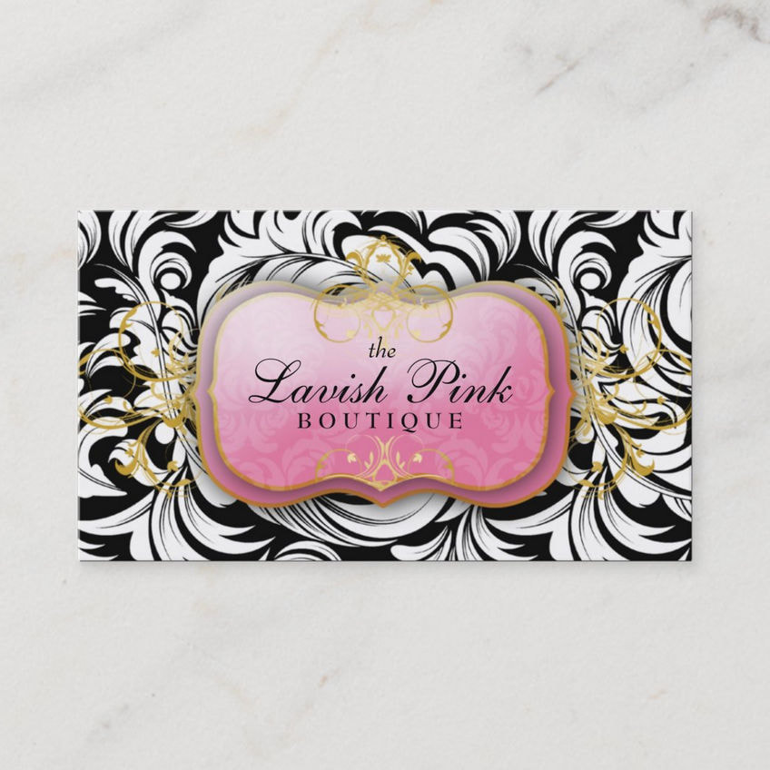 Lavish Pink Plate Black and White Boutique Damask Leaves Business Cards