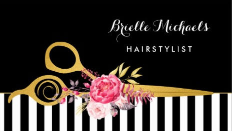 Gold Scissors Black Stripes Pink Floral Hair Salon Business Cards