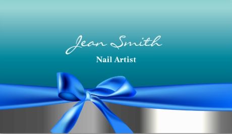 Modern Teal With Simple Blue Ribbon Nail Technician Business Cards