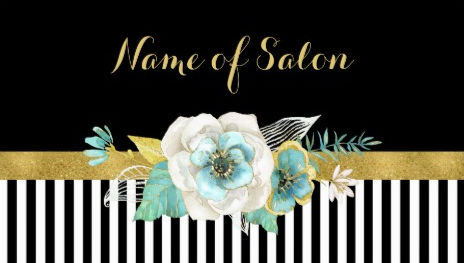Chic Gold Mint Flowers With Black Stripes Salon Business Cards