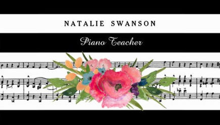 Chic Floral Piano Teacher Modern Musical Notes Business Cards