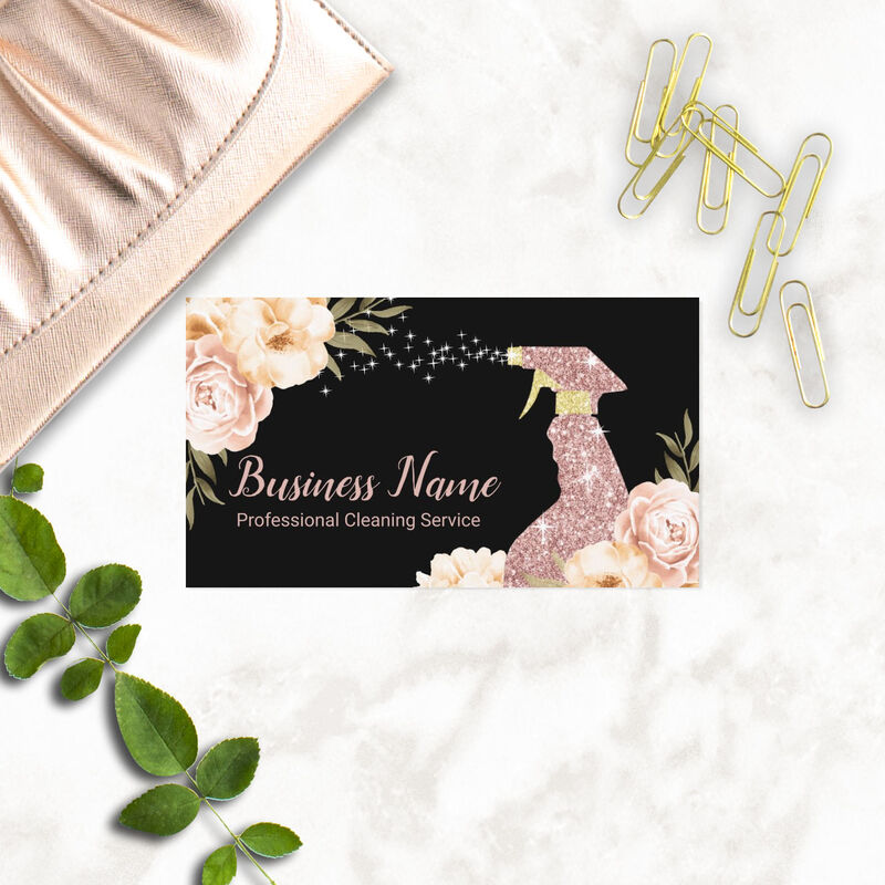 House Cleaning Maid Service Modern Floral Black Business Cards