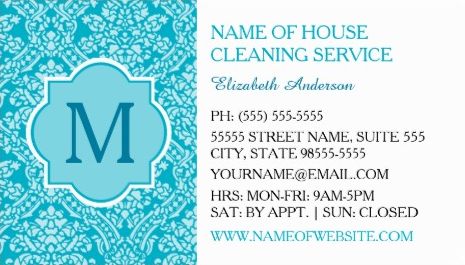 Elegant Monogram Turquoise Damask House Cleaning Services Business Cards