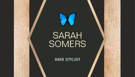 Elegant Black and Gold Hair Stylist Glamorous Blue Butterfly Business Cards