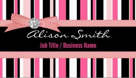 Girly Pink and Black Stripes With Cute Gingham Diamond Bow Business Cards