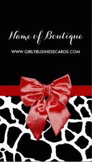 Trendy Black and White Giraffe Print Girly Red Ribbon Business Cards 