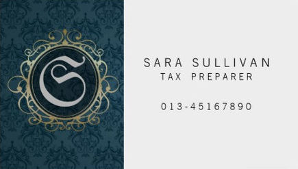 Tax Preparer Finance Services Blue Damask Monogram Business Cards 
