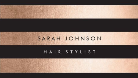 Elegant Rose Gold and Black Stripes Modern Hair Stylist Business Cards