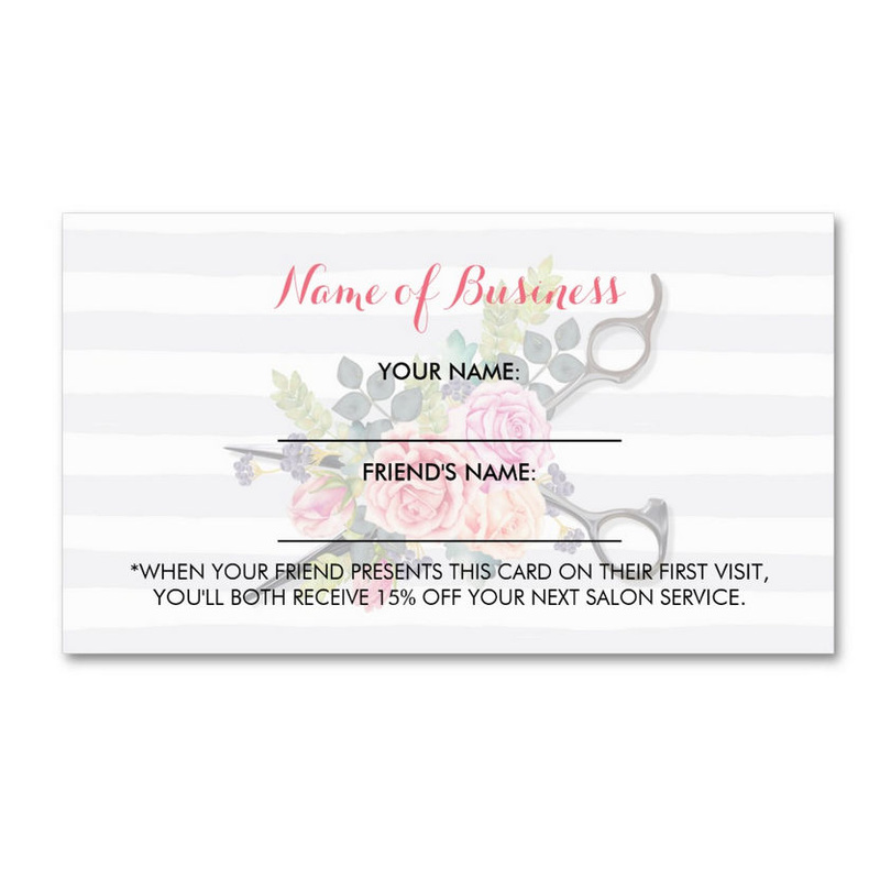 Chic Scissors Stripes and Roses Friend Referral Business Card