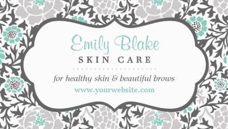 Gray and Aqua Floral Damask Skin Care Appointment Business Cards