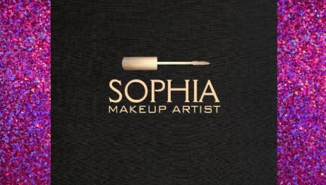 Makeup Artist Gold Mascara Brush Black Linen and Purple Glitter Business Cards