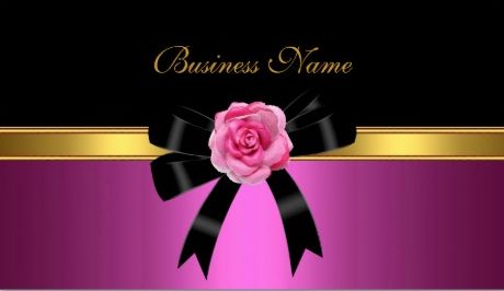 Elegant Black Ribbon Bow With Pink Rose and Gold Stripe Business Cards