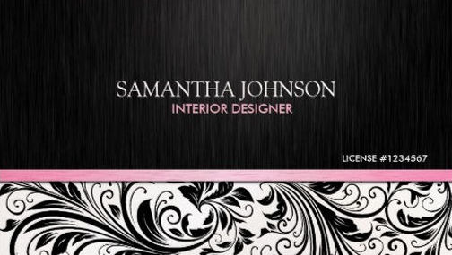 Elegant  Black and White Floral Damask With Pink Interior Designer Business Cards