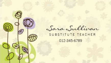 Whimsical Purple and Green Flowers Substitute Teacher Business Cards
