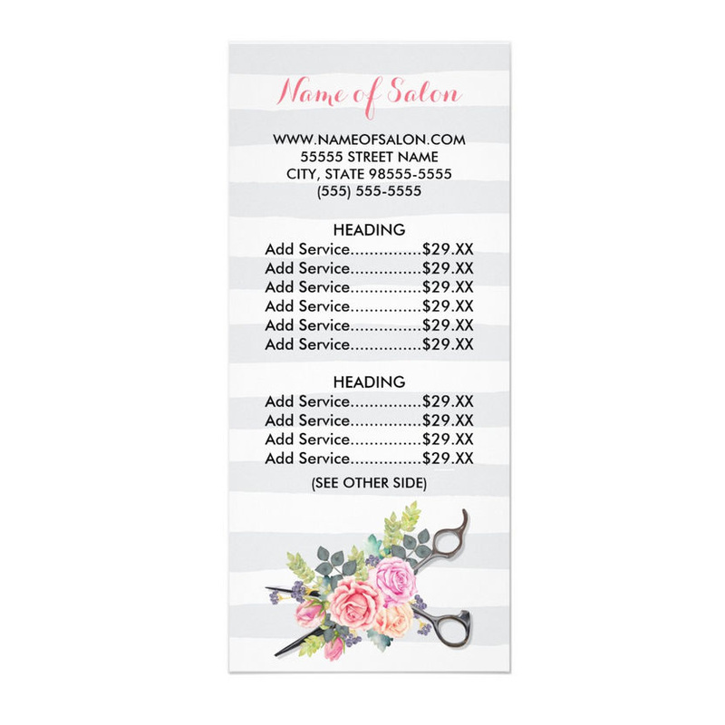 Chic Scissors Hairstylist Stripes Roses Price List Rack Card