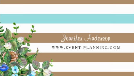 Modern Tan Rose Floral With Chic Aqua Stripe Event Planner Business Cards