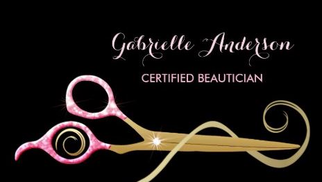 Certified Beautician Pink and Black Diamond Glitter Scissors Business Cards