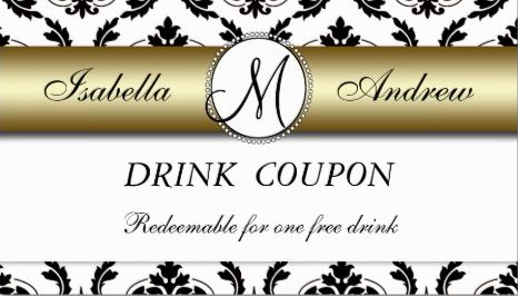 Black and White Damask Gold Wedding Free Drink Coupon Card Business Cards