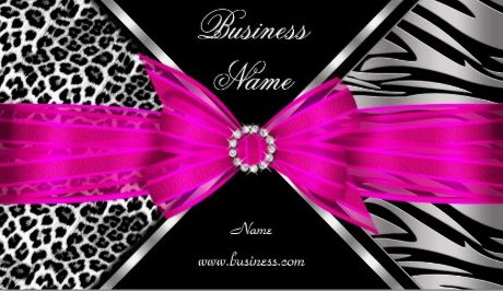 Elegant Black Zebra and Leopard Print Hot Pink Diamond Ribbon Business Cards
