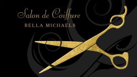 Elegant Black Curls Faux Gold Scissors Hair Salon Business Cards