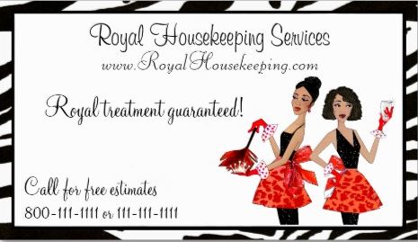 Zebra Print Red Aprons and Feather Duster House Cleaning Diva Business Cards