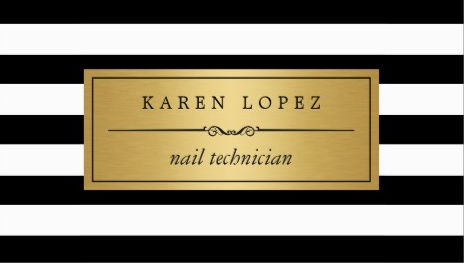 Nail Technician Modern Black and White Stripes Gold Box Business Cards
