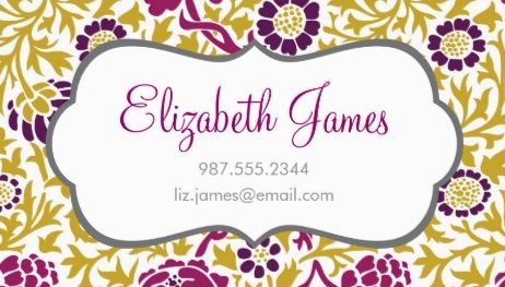 Girly Purple and Gold Retro Floral Damask Template Business Cards